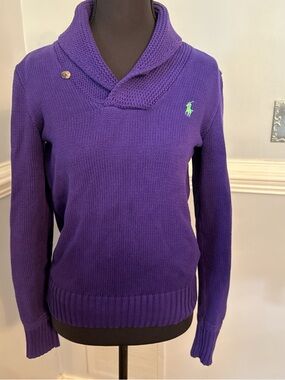 Ralph Lauren Polo Purple Shawl-Collar Knit Sweater with Green Pony